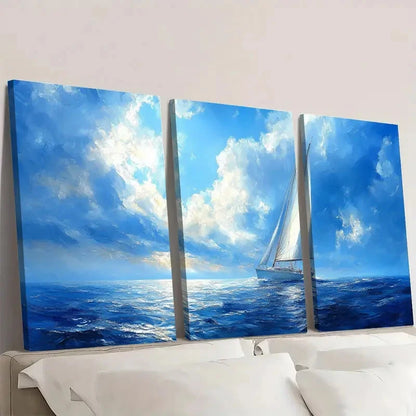3pcs Serene Blue Ocean Scene Nautical WA Wall Art Set Canvas Framed50x70cm - High Quality Print 100% Australian Made Wall Canvas Ready to Hang