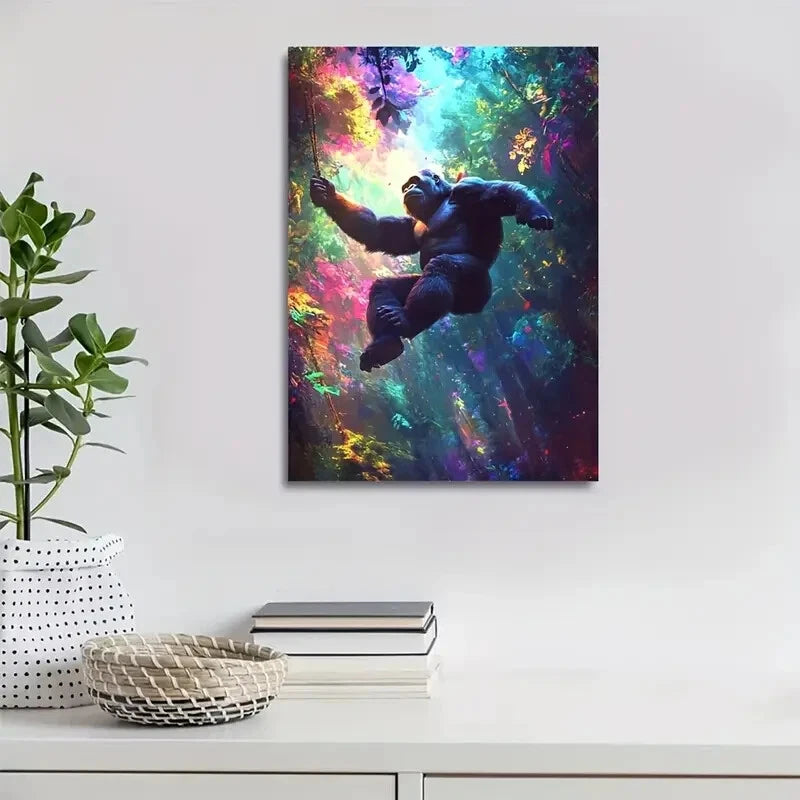 Gorilla Swinging in Magical Forest Painting 40x60cm Metal Print Ready to Hang - Bella Home Decor