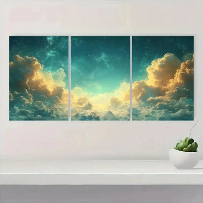 3pcs Teal & Golden Clouds Design T   Wall Art Set Canvas Framed 60x90cm - High Quality Print 100% Australian Made Wall Canvas Ready to Hang