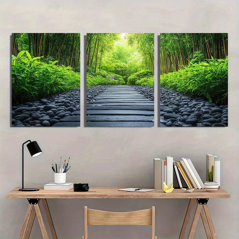 3pcs Zen Garden Bamboo and Stone Pathway Metal Print Ready to Hang Art - Bella Home Decor
