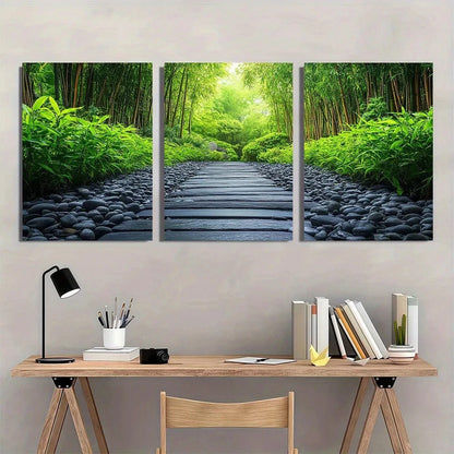 3pcs Zen Garden Bamboo and Stone Pathway Metal Print Ready to Hang Art - Bella Home Decor
