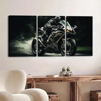3pcs Dynamic Rider & Green Motorcycle Perfect Wall Art Canvas Unframed - High Quality Print 100% Australian Made Wall Canvas - Bella Home Decor