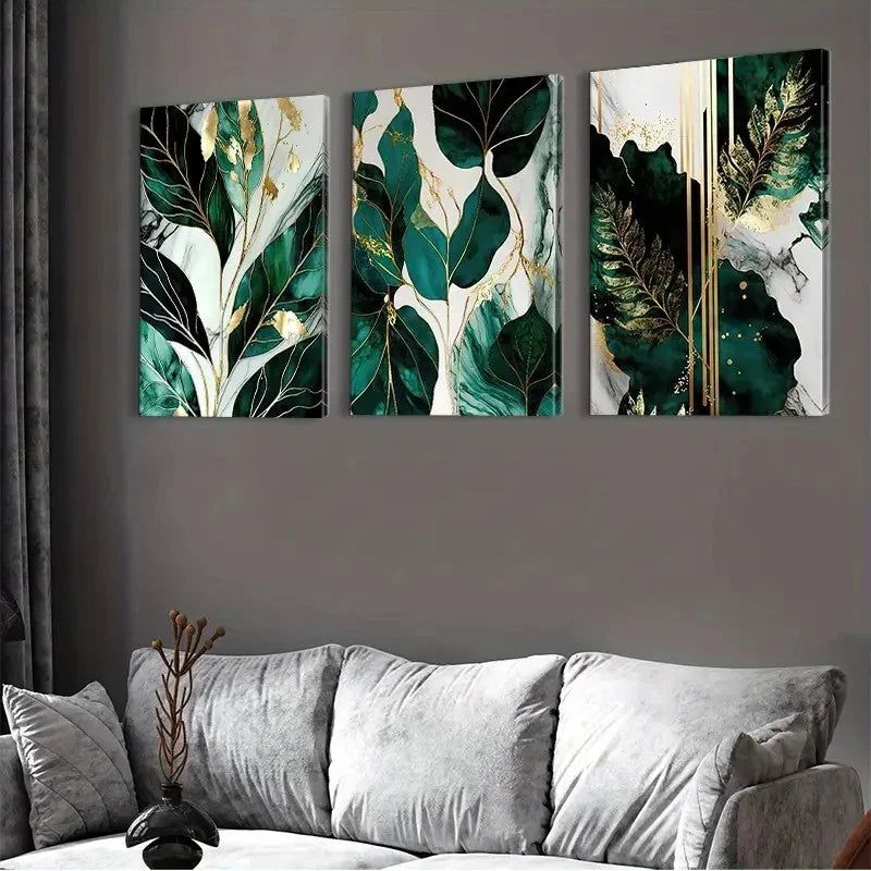 3pcs Abstract Green and Golden Marble Wall Art Set Canvas Framed 40x60cm - High Quality Print 100% Australian Made Wall Canvas Ready to Hang - Bella Home Decor