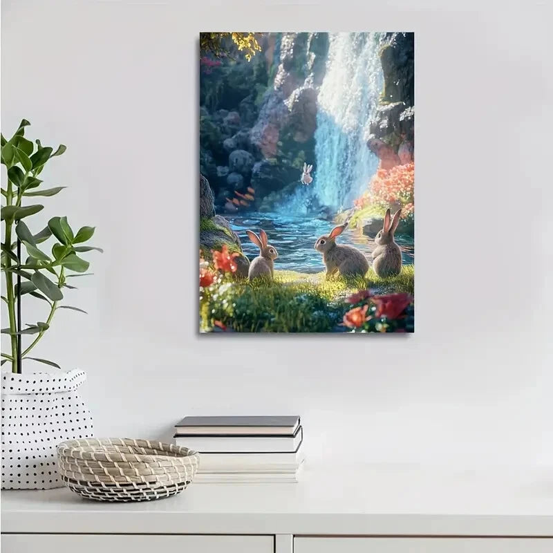 Fantasy Scene of Rabbits Playing Painting  40x60cm Metal Print Ready to Hang - Bella Home Decor