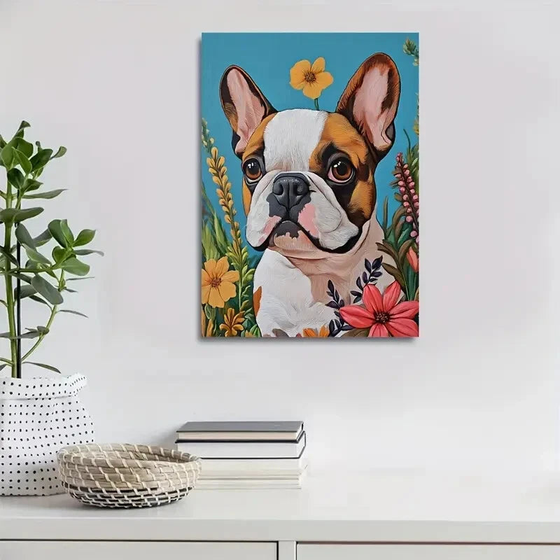 Flowers And Plants Cute Bulldog Dog Painting  40x60cm Metal Print Ready to Hang - Bella Home Decor