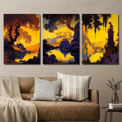 3pcs Mountain Lake Forest Nature Yellow Statue Wall Art Set Canvas Unframed - High Quality Print 100% Australian Made Wall Canvas