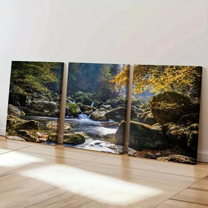 3pcs Autumn Forest River Stone Modern Wall Art Set Canvas Framed 50x70cm - High Quality Print 100% Australian Made Wall Canvas Ready to Hang - Bella Home Decor