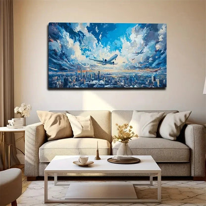 Cityscape with Airplanes Décor Wall Art Canvas Office Home Room Framed 120x60cm - Bella Home Decor