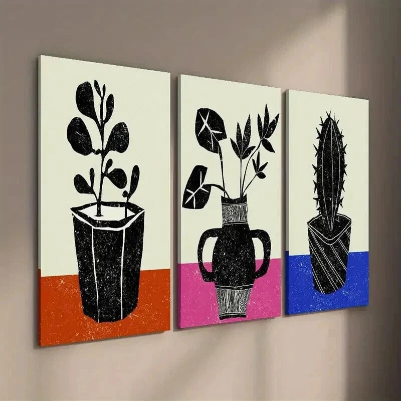 3pcs Botanical Leaf Cactus Silhouette Wall Art Set Canvas Framed 60x90cm - High Quality Print 100% Australian Made Wall Canvas Ready to Hang