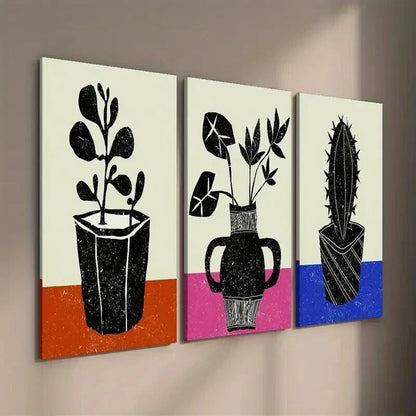 3pcs Botanical Leaf Cactus Silhouette Wall Art Set Canvas Framed 60x90cm - High Quality Print 100% Australian Made Wall Canvas Ready to Hang
