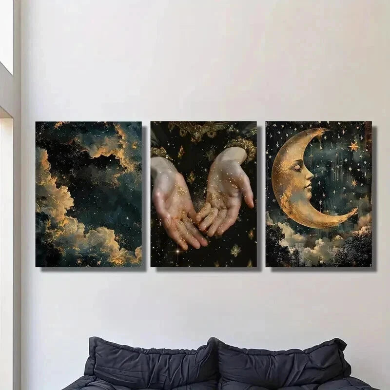 3pcs Abstract Magic Shine in Hand Stars Moon Wall Art Set Canvas Framed 50x70cm - High Quality Print 100% Australian Made Wall Canvas Ready to Hang