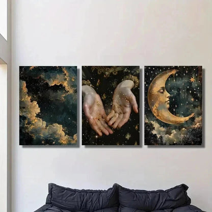 3pcs Abstract Magic Shine in Hand Stars Moon Wall Art Set Canvas Framed 50x70cm - High Quality Print 100% Australian Made Wall Canvas Ready to Hang
