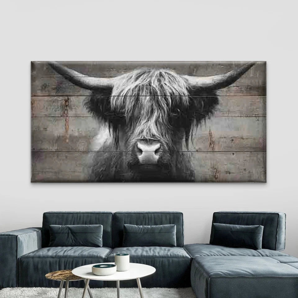 Black and White Highland Cattle Wall Art Canvas Office Home Room Framed 120x60cm