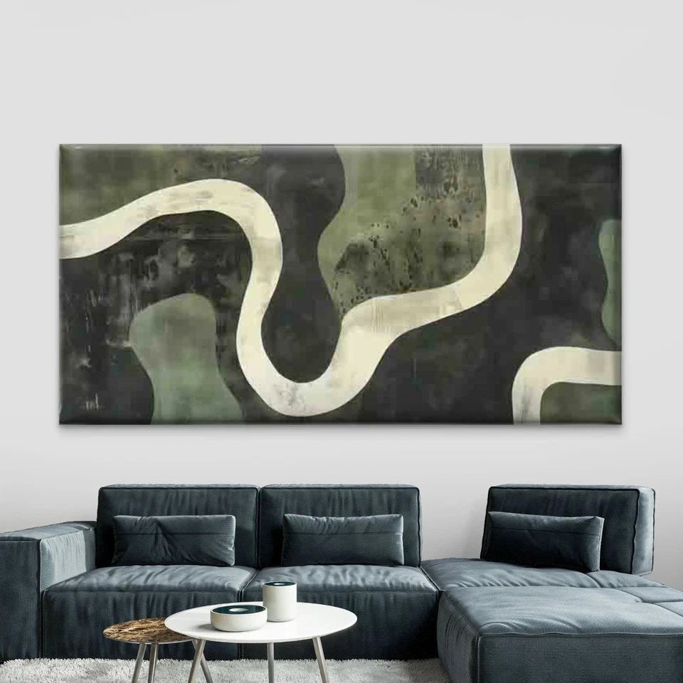 Abstract Green Black Curved Lin Wall Art Canvas Office Home Room Framed 120x60cm
