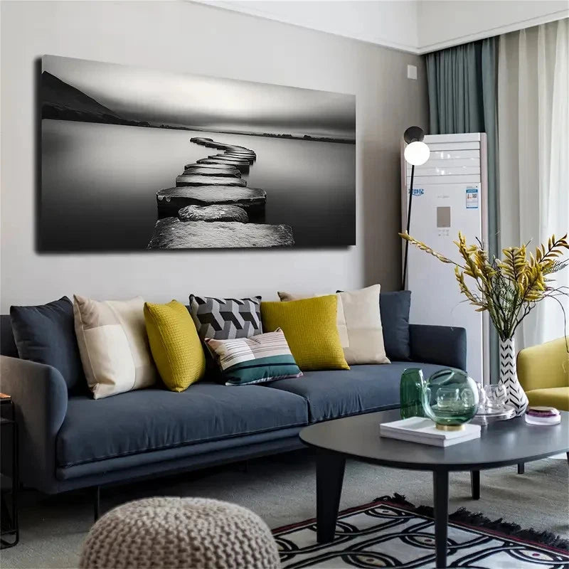 Black and White Slate Road Wall Art canvas office home room framed 120x60cm