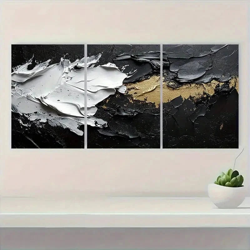3pcs Black  White and Golden Metallic Finish f   Wall Art Set Canvas Framed 60x90cm - High Quality Print 100% Australian Made Wall Canvas Ready to Hang - Bella Home Decor