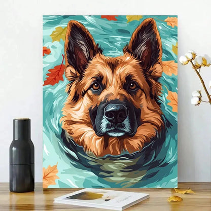 German Shepherd Swimming Dog Painting 40x60cm Metal Print Ready to Hang