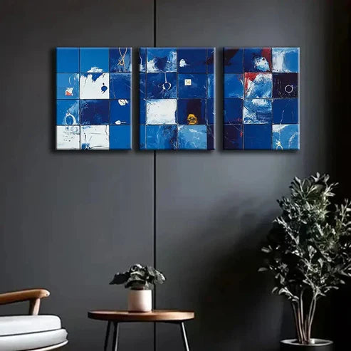 3pcs Blue and White in the Grid Light Perfect  Wall Art Set Canvas Unframed - High Quality Print 100% Australian Made Wall Canvas - Bella Home Decor