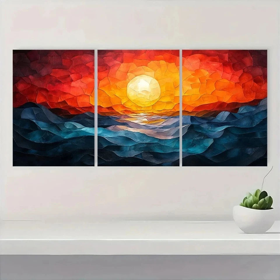 3pcs Sunset Mosaic Abstract Colourful Metal Print Ready to Hang Art - Bella Home Decor