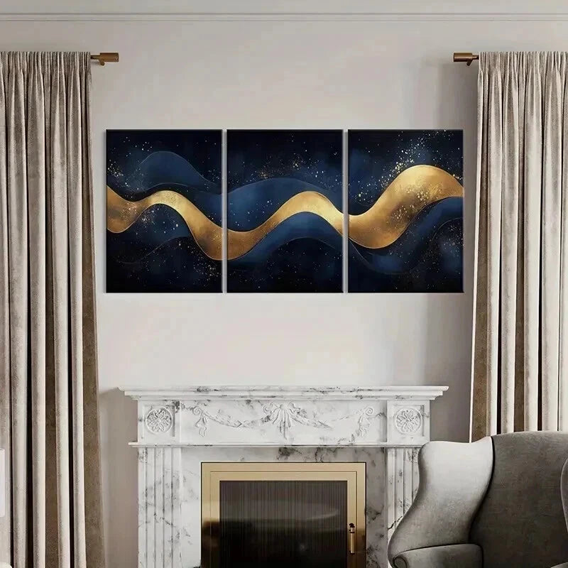 3pcs Golden Waves Dark Sky Sparkling Stars Wall Art Set Canvas Framed 40x60cm - High Quality Print 100% Australian Made Wall Canvas Ready to Hang - Bella Home Decor