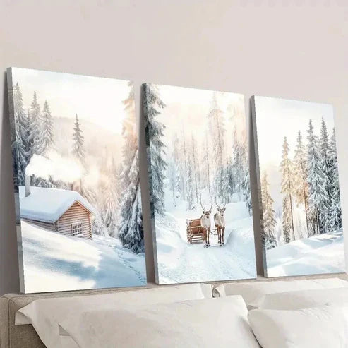 3pcs Snowy Trees Scene & Christmas Elk  Wall Art Set Canvas Unframed - High Quality Print 100% Australian Made Wall Canvas