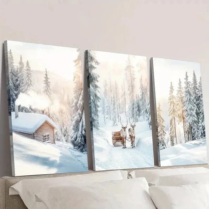 3pcs Snowy Trees Scene & Christmas Elk  Wall Art Set Canvas Unframed - High Quality Print 100% Australian Made Wall Canvas