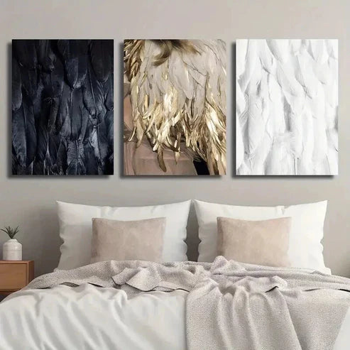 3pcs Black White and Golden Feathers Decor Wall Art Set Canvas Unframed - High Quality Print 100% Australian Made Wall Canvas - Bella Home Decor