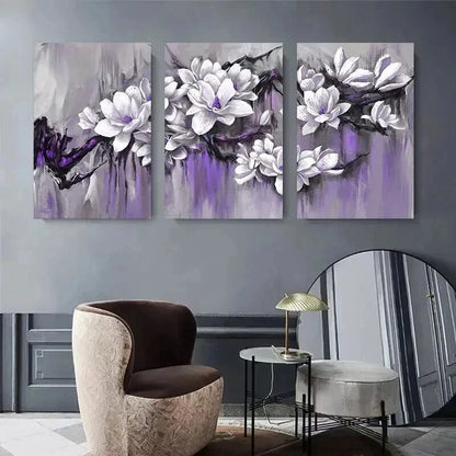 3pcs Purple Magnolia Flowers Blossoms Perfect Wall Art Set Canvas Framed 50x70cm - High Quality Print 100% Australian Made Wall Canvas Ready to Hang - Bella Home Decor