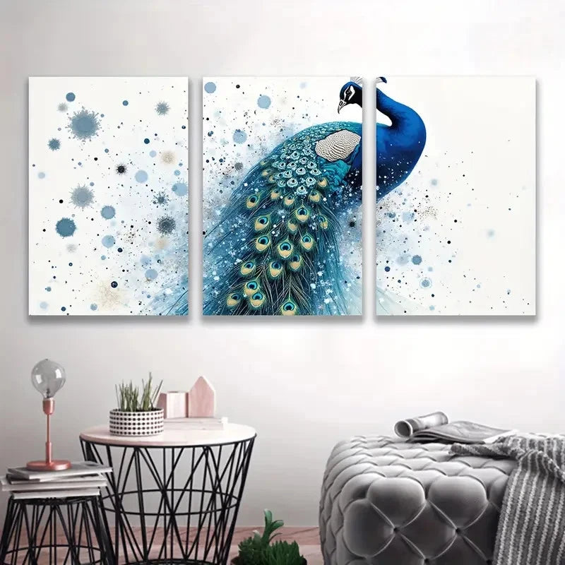 3pcs Peacock with Blue and White Feather   Wall Art Set Canvas Framed 50x70cm - High Quality Print 100% Australian Made Wall Canvas Ready to Hang