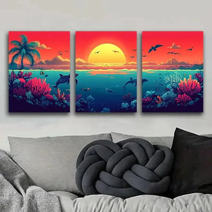 3pcs Sunset Over the Ocean Sun Shine Perfect Wall Art Set Canvas Unframed - High Quality Print 100% Australian Made Wall Canvas