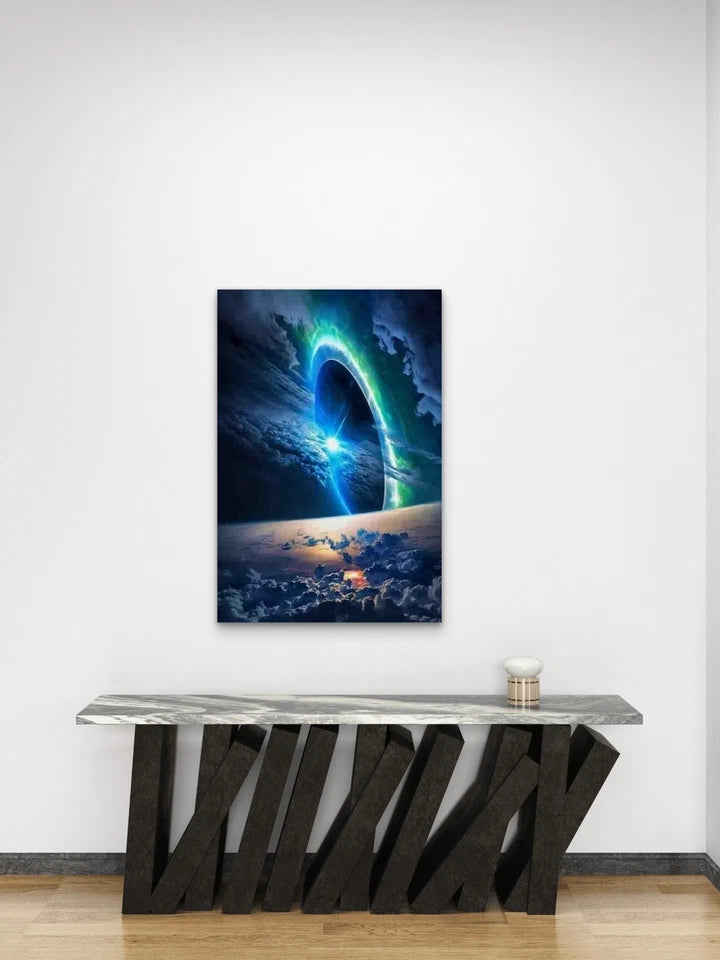 Vibrant Space Scene with Green Aurora Metal Print Ready to Hang