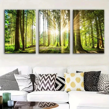3pcs Green Sunlight Shines Through The Trees Wall Art Set Canvas Unframed - High Quality Print 100% Australian Made Wall Canvas