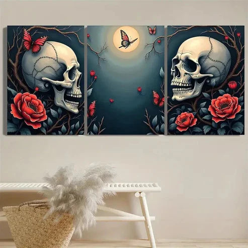 3pcs Gothic Skull and Floral Moonlight Wall Art Set Canvas Unframed - High Quality Print 100% Australian Made Wall Canvas