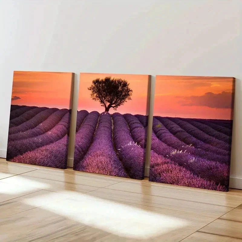 3pcs Vibrant Lavender Field with Sunset Wall Art Set Canvas Framed 40x60cm - High Quality Print 100% Australian Made Wall Canvas Ready to Hang - Bella Home Decor