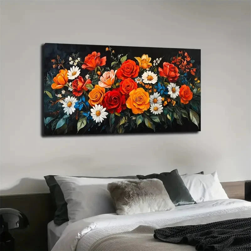 Floral painting above a bed with a neutral color scheme
