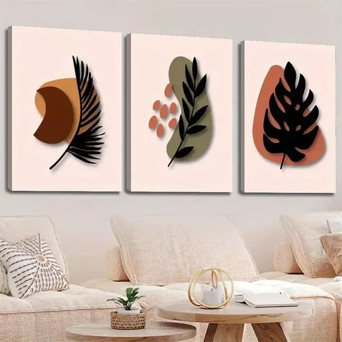 3pcs Decorative Abstract Bohemian Style Leaf Wall Art Canvas Unframed - High Quality Print 100% Australian Made Wall Canvas - Bella Home Decor