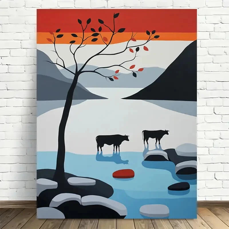 Beautiful Modern Vintage Autumn River Cows Painting 40x60cm Metal Print Ready to Hang - Bella Home Decor