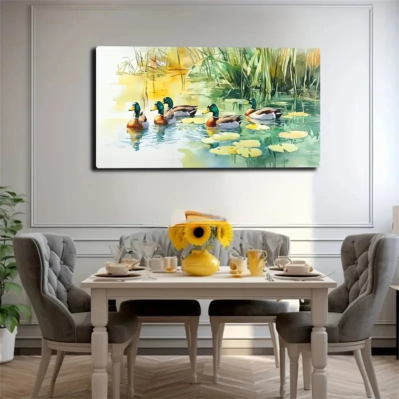 Duck Beside Water Lilies Wall Art Canvas Office Home Room Framed 120x60cm
