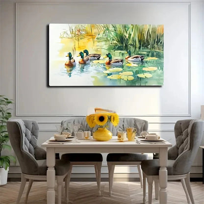 Duck Beside Water Lilies Wall Art Canvas Office Home Room Framed 120x60cm