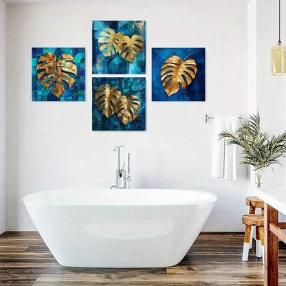 4pcs Abstract Blue & Golden Leaf Wall Art Canvas Framed