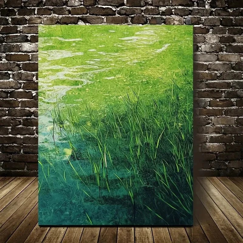 Emerald Green Water & Grass Field Scene Painting 40x60cm Metal Print Ready to Hang - Bella Home Decor