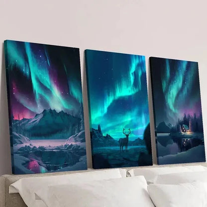 3pcs Arctic Night Scene with Auroras And Deer Wall Art Canvas Unframed – High Quality Print 100% Australian Made Wall Canvas - Bella Home Decor