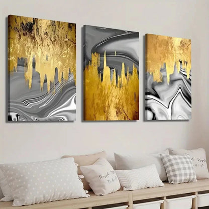 3pcs Golden & Silvery Fluid Design Perfect Wall Art Set Canvas Framed 40x60cm - High Quality Print 100% Australian Made Wall Canvas Ready to Hang