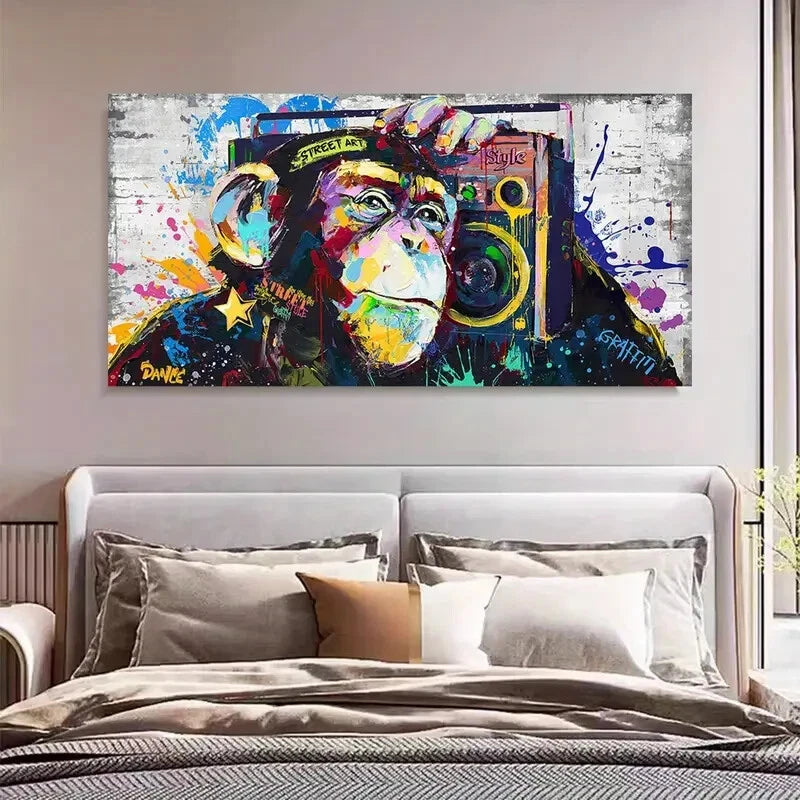 Graffiti Monkey Listening Music Wall Art Canvas Office Home Room Framed 120x60cm - Bella Home Decor