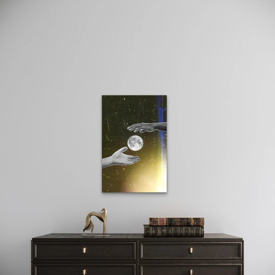 Hands Reaching for a Full Moon Metal Print Ready to Hang