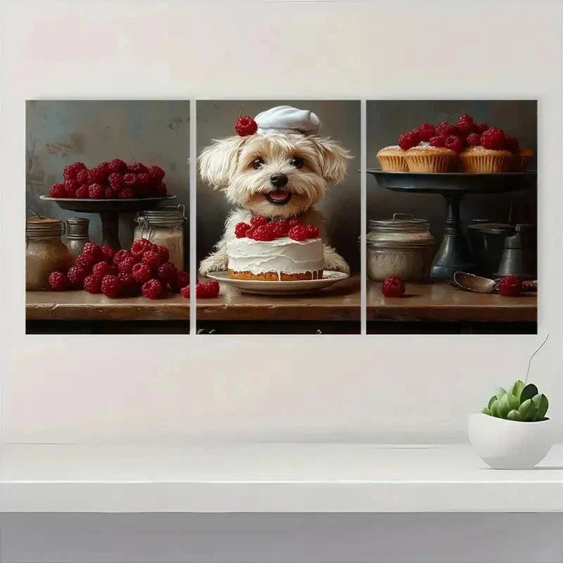 3pcs Whimsical Dog The Happy Baker DI Wall Art Set Canvas Framed 50x70cm - High Quality Print 100% Australian Made Wall Canvas Ready to Hang - Bella Home Decor