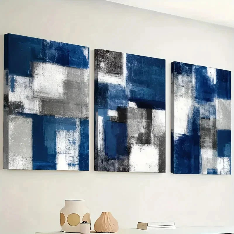 3pcs Abstract Blue Color Block Geometric Wall Art Set Canvas Framed 50x70cm - High Quality Print 100% Australian Made Wall Canvas Ready to Hang - Bella Home Decor