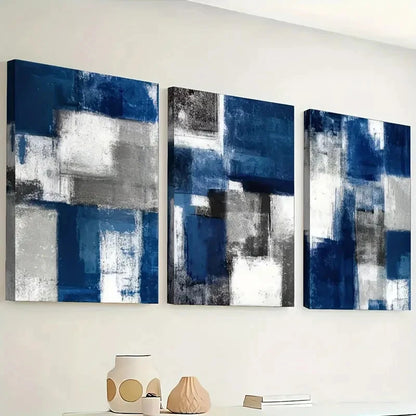 3pcs Abstract Blue Color Block Geometric Wall Art Set Canvas Framed 50x70cm - High Quality Print 100% Australian Made Wall Canvas Ready to Hang - Bella Home Decor