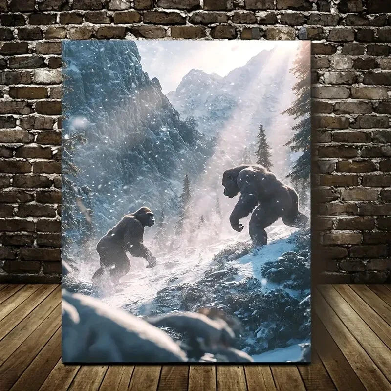 Dreamlike Scene of Gorilla Chasing Snowy Painting 40x60cm Metal Print Ready to Hang - Bella Home Decor