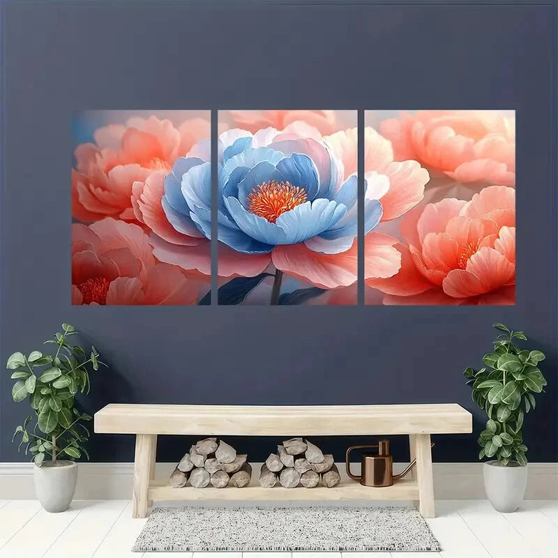 3pcs Pink and Blue Peony Petals Flower Art Metal Print Ready to Hang Art - Bella Home Decor